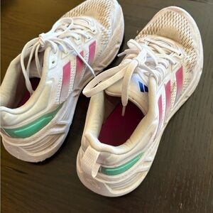 Adidas White Sneakers with Pink and Teal Accents